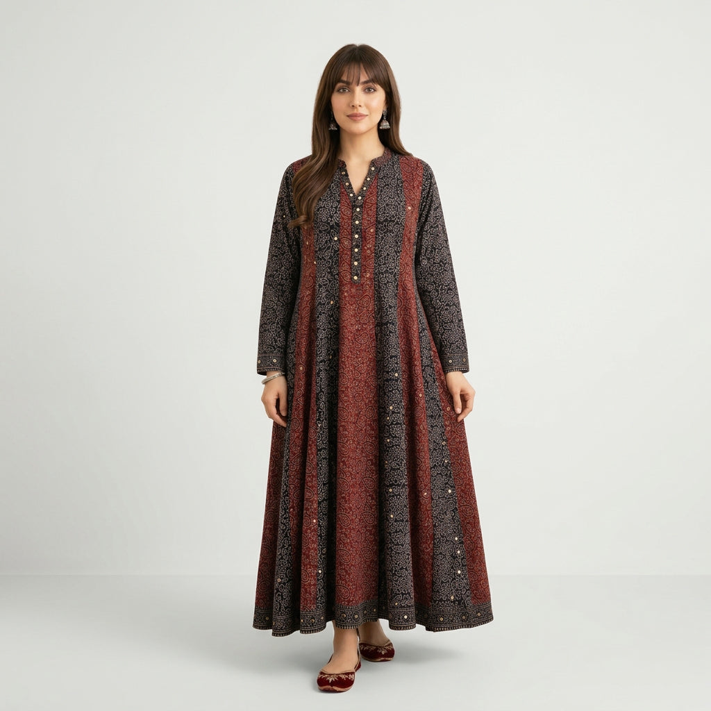Long Ajrak maxi dress featuring authentic geometric motifs