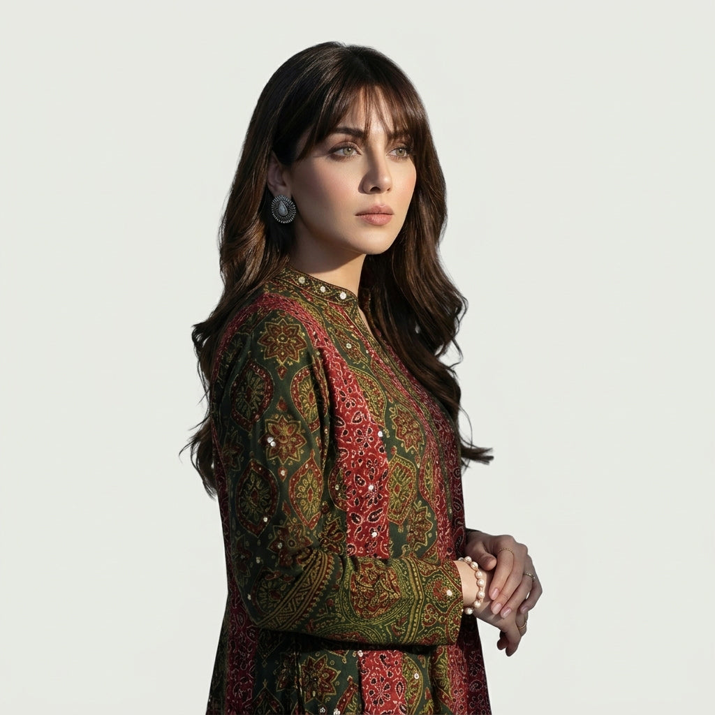 Ajrak maxi dress with traditional hand block printed patterns