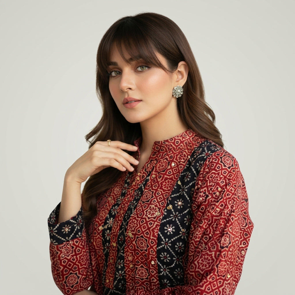 Bohemian Ajrak maxi dress with intricate ethnic print patterns