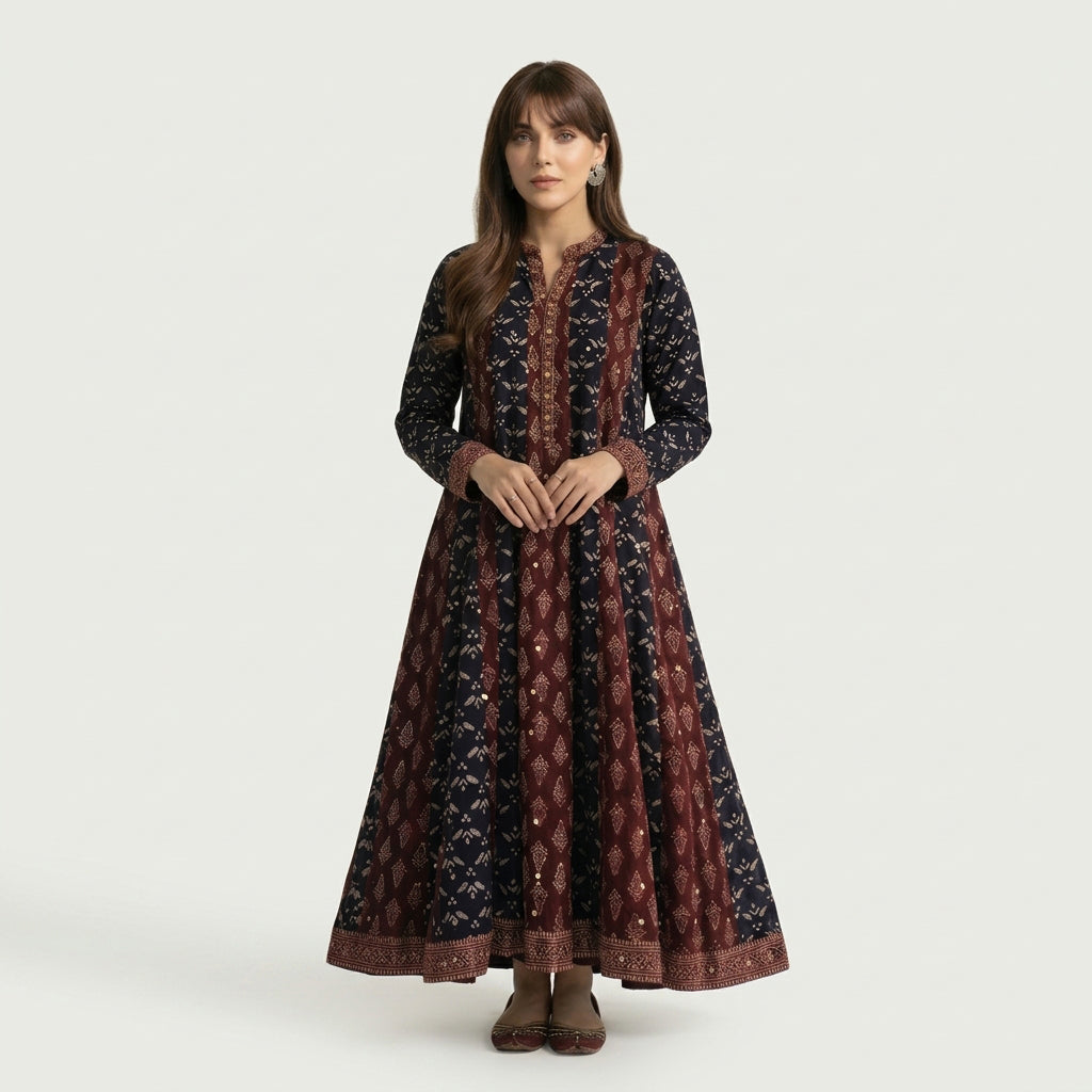 Boho Ajrak maxi dress with tiered design and flowing silhouette