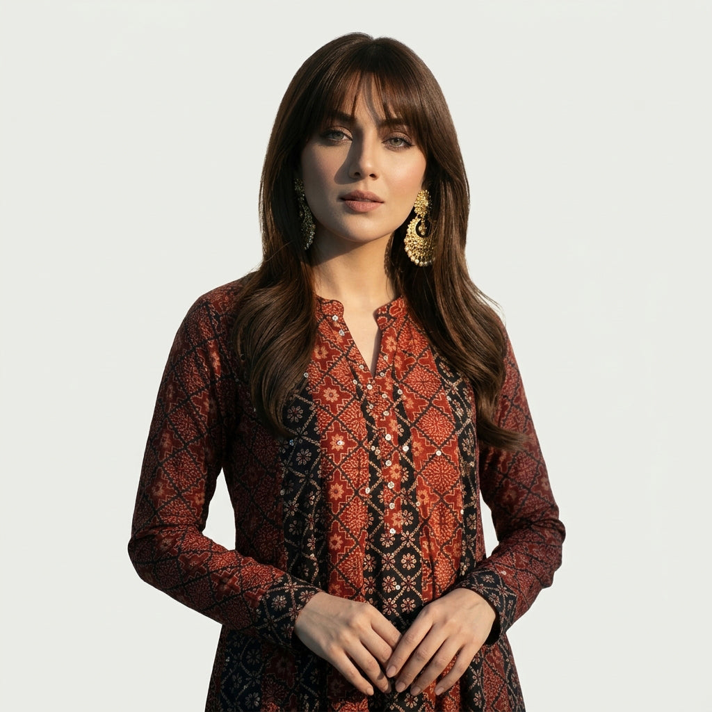 Hand block printed Ajrak long dress with traditional motifs