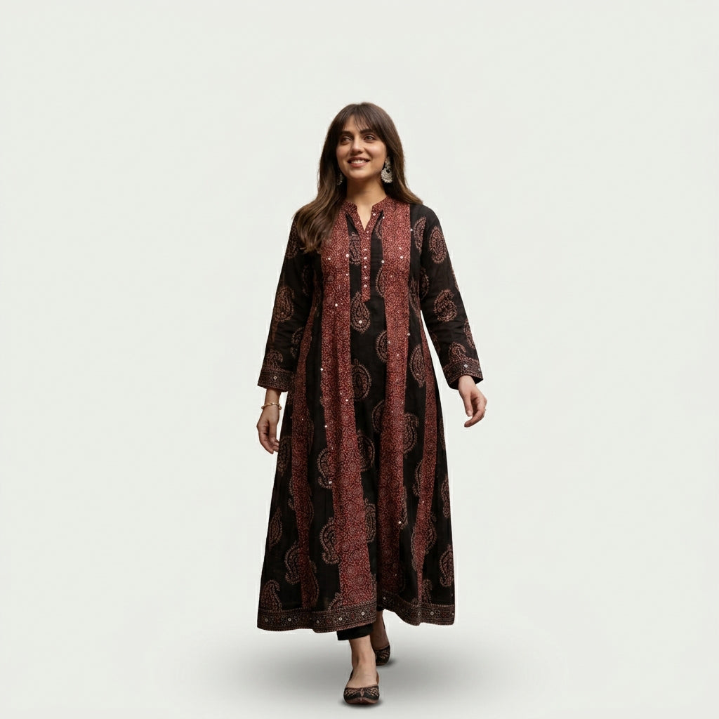 Ajrak maxi dress with Moroccan and floral patchwork patterns