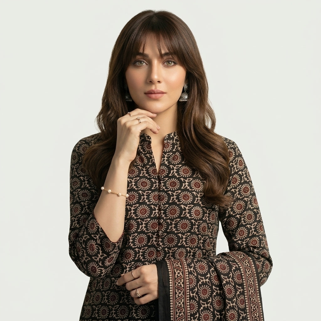 Ajrak Midnight Magic Mums two-piece unstitched dress with traditional hand block printed design.