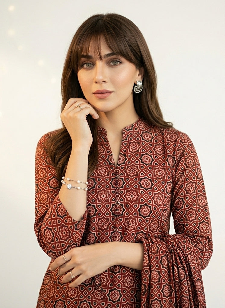 Moroccan Red Ajrak Lawn Two-Piece Dress Set – Organic Dye Hand Block Printed Shirt and Dupatta | Ajrak Design Dress