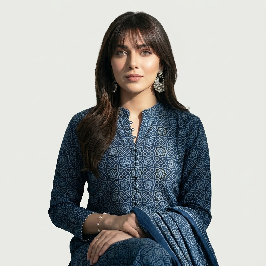 Ajrak Moroccan Indigo two-piece lawn set with organic dye hand block printing and traditional geometric motifs.