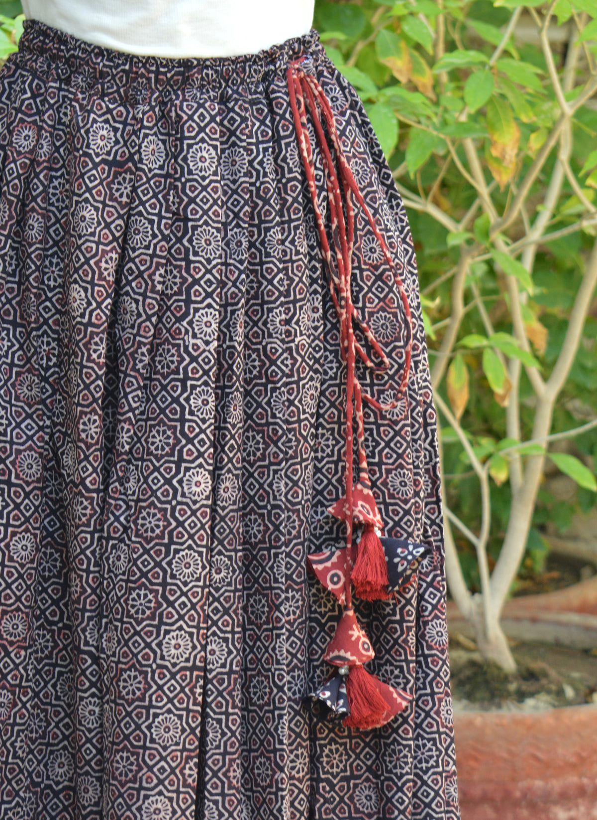 Hand Block Printed Ajrak Design Dress Skirt with Moroccan Motifs in Premium Lawn