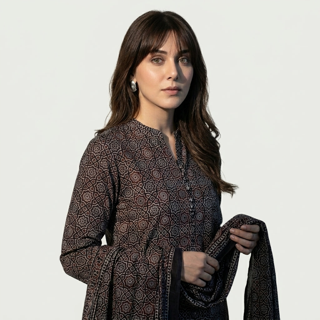 Ajrak Moroccan two-piece set for women featuring a traditional printed shirt and matching dupatta with intricate Moroccan motifs.