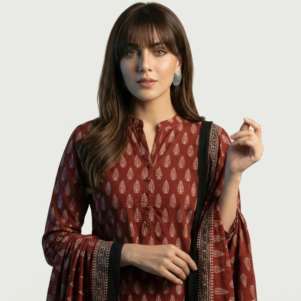 Ajrak Mountain Buta Lawn Two-Piece Suit with Traditional Hand Block Printed Shirt and Dupatta