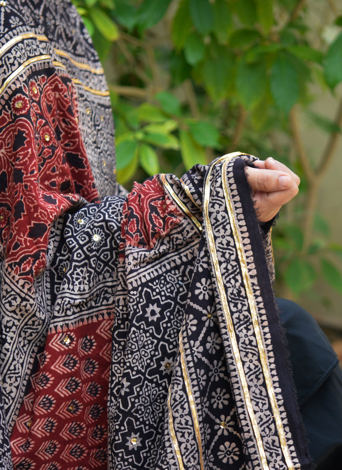 Traditional Sindhi Ajrak chaadar with floral block print gotta lace and thread tassels