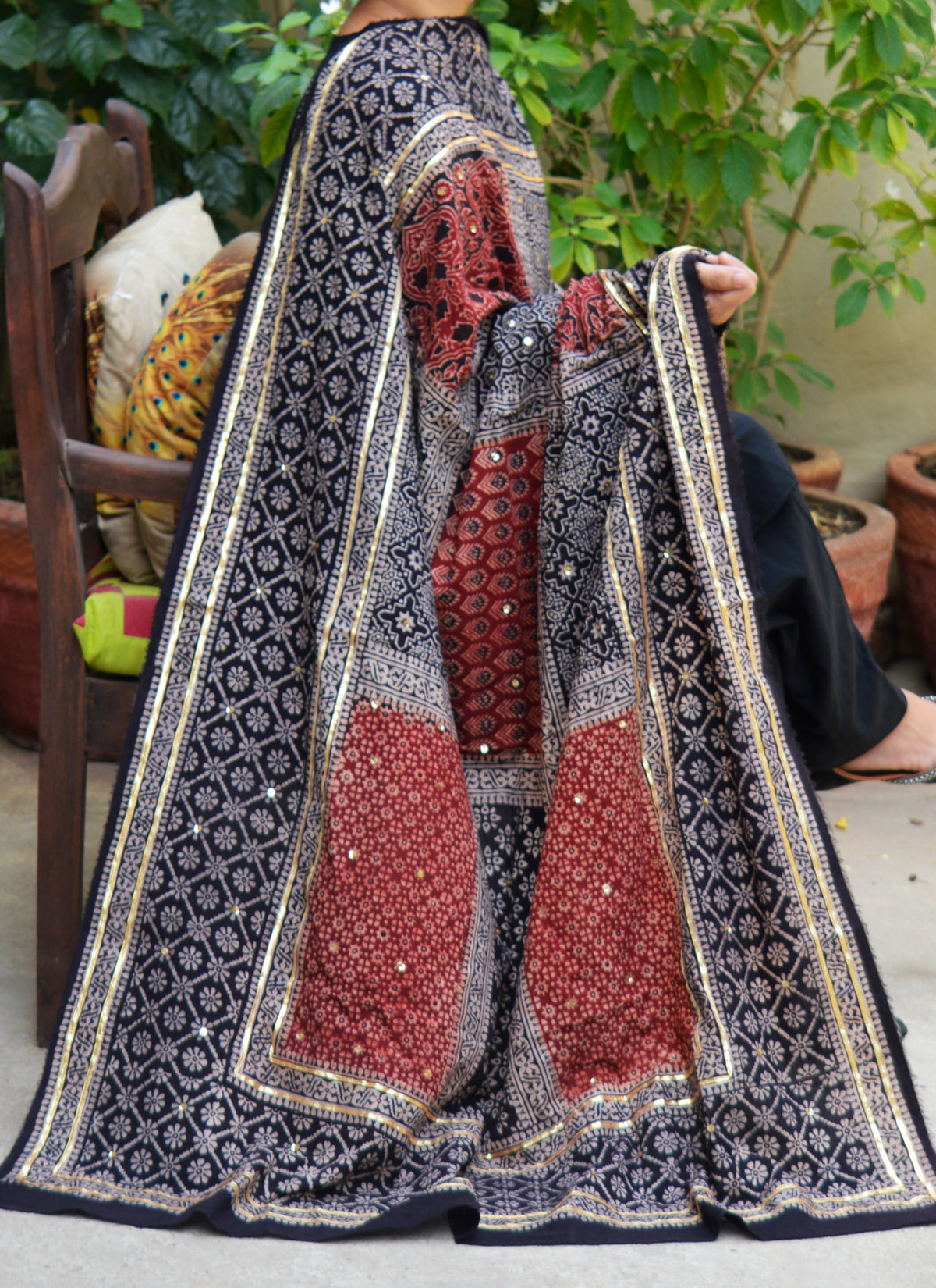 Organic dye hand block printed Ajrak chaadar multi blocks floral lawn cotton with Sitara sequence