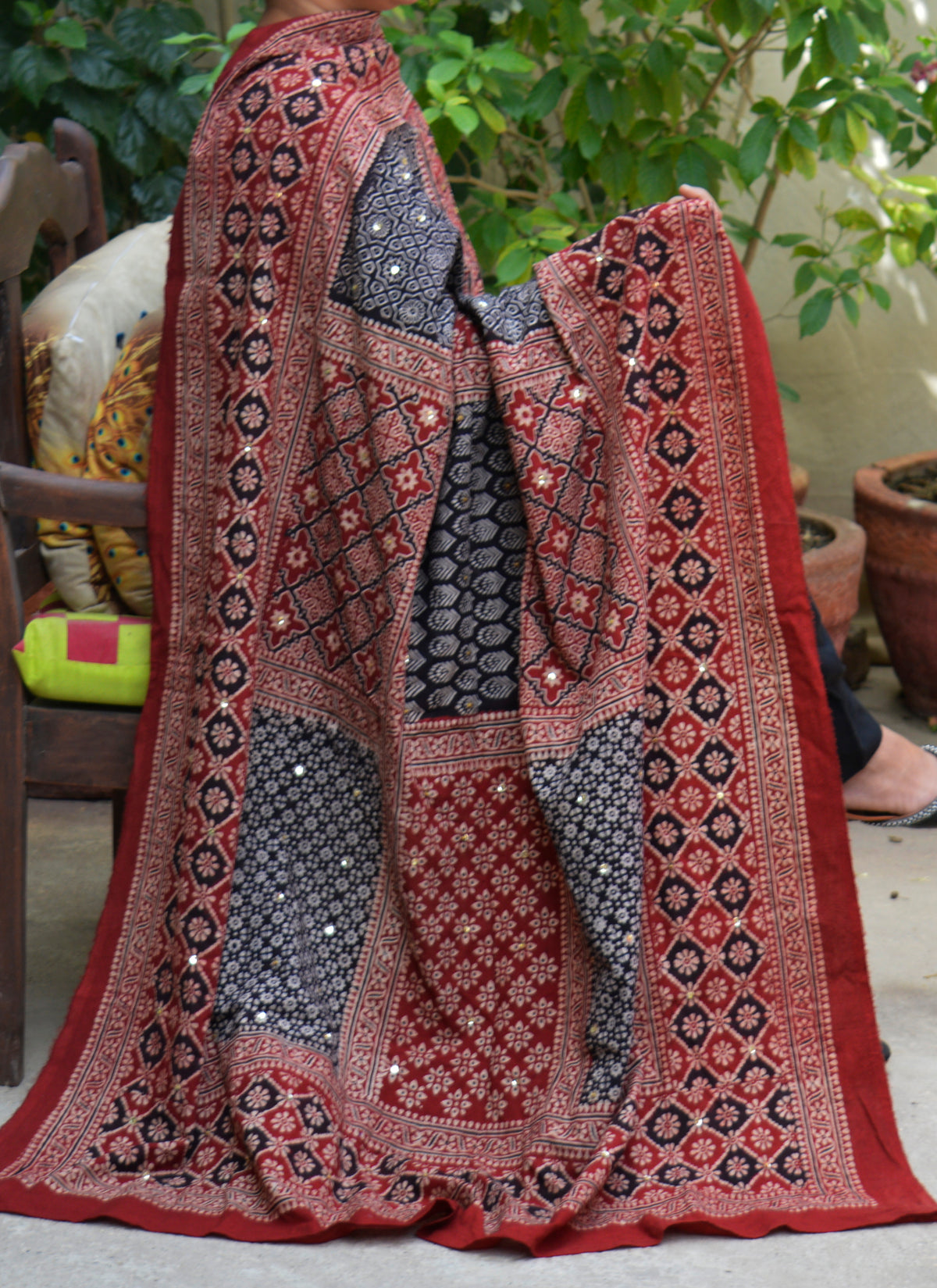 Ajrak Multi-Blocks Chaadar Lawn – Hand Block Printed Geometric Maroon & Black