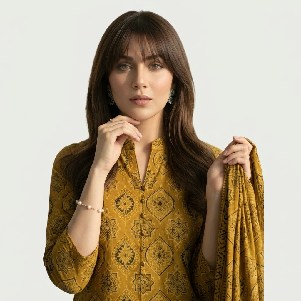 Ajrak Mustard Badam two-piece dress with traditional hand block printed almond motifs in a rich mustard color.