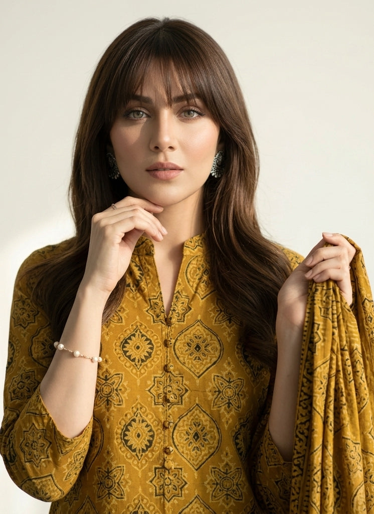 Ajrak Mustard Badam lawn two-piece with organic dye hand block printed shirt and dupatta