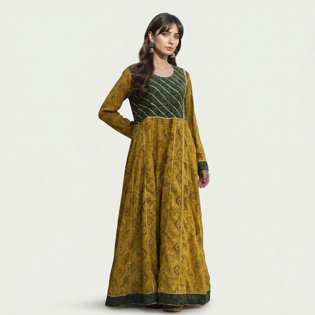 Ajrak maxi dress with hand stitched embellishments and decorative borders
