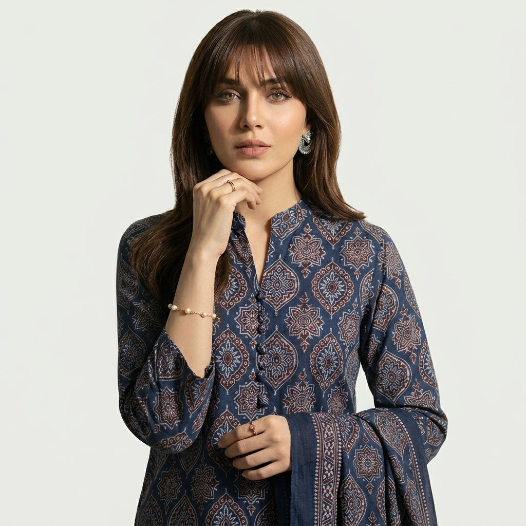 Ajrak navy blue lawn suit with organic dye hand block printed traditional motifs.