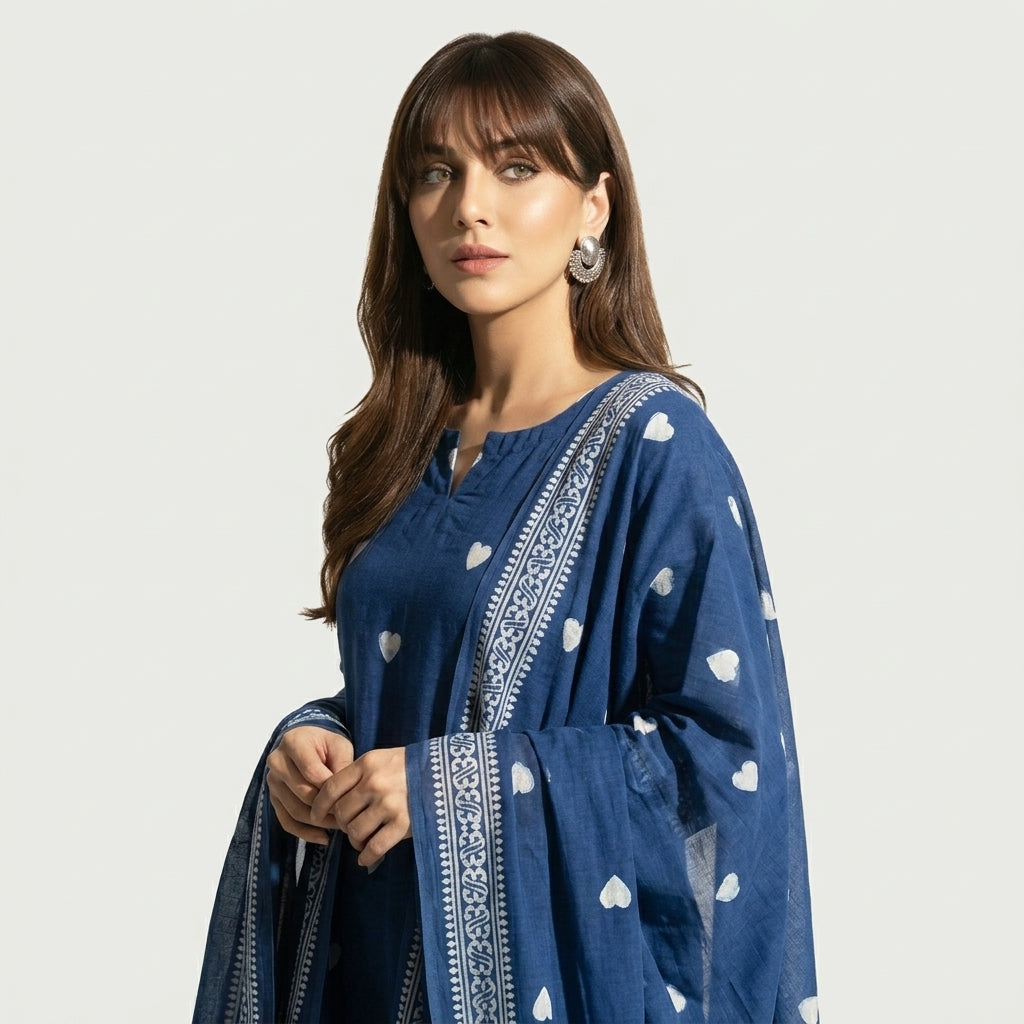 Ajrak Neela blue two-piece unstitched dress with traditional hand block printed design, shirt and dupatta set in cotton or lawn.