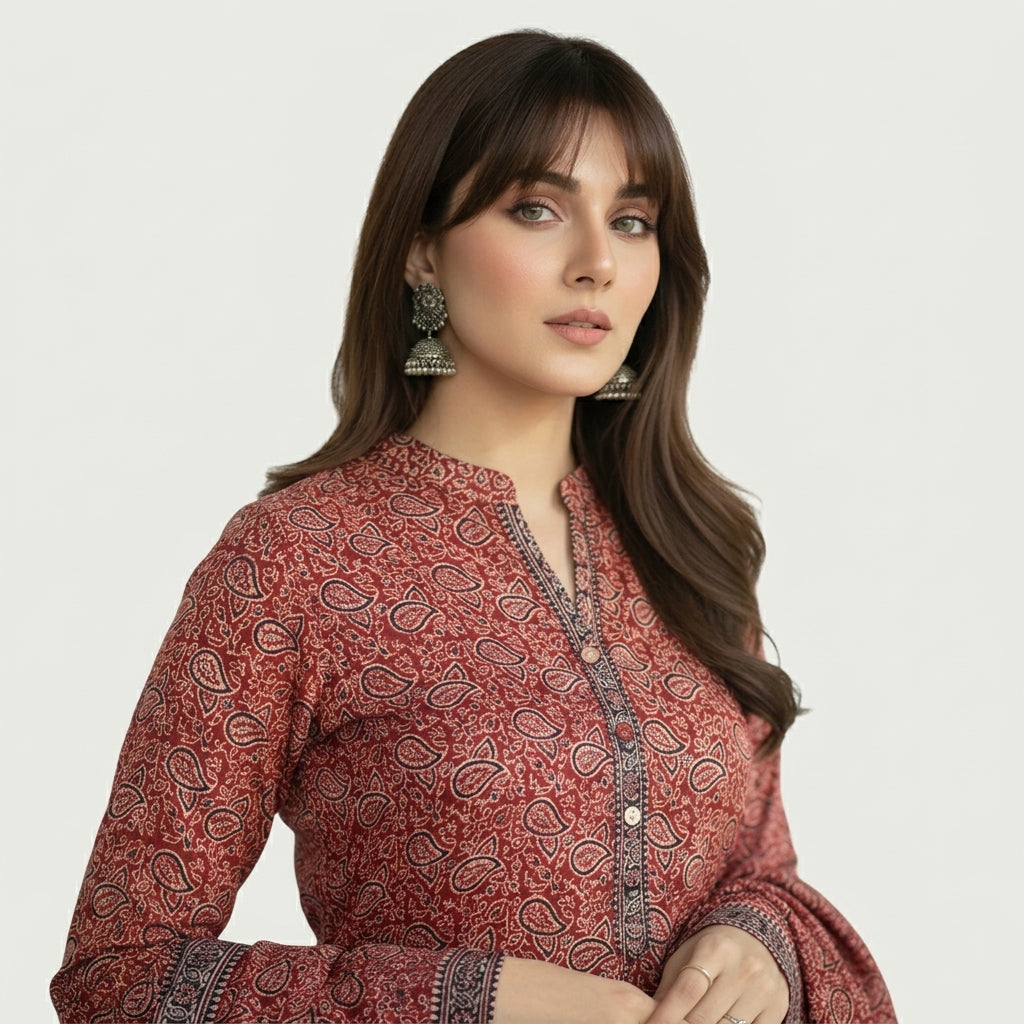 Ajrak paisley bandana print unstitched two-piece suit with traditional hand block printed shirt and dupatta in cotton or lawn.