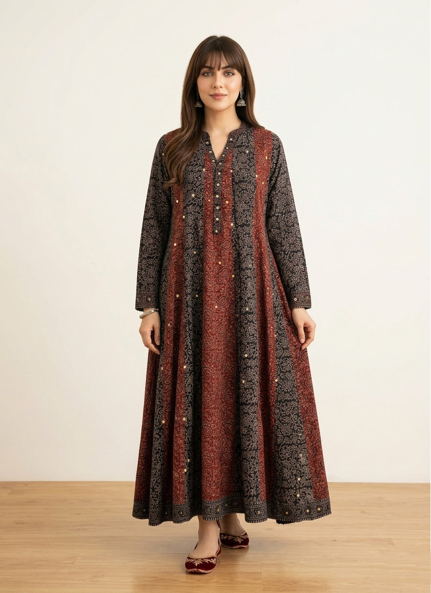Ajrak Boho Maxi Patchwork – Organic Dye Hand Block Printed Lawn with Sitara Sequences | Ajrak Design Dress