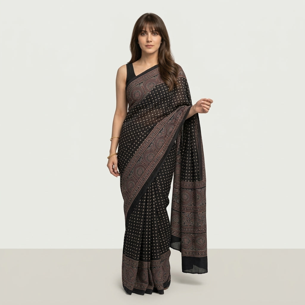 Ajrak Polka Dot Saree – Traditional Hand Block Printed Ajrak Design Saree by Sartiyoon Pakistan