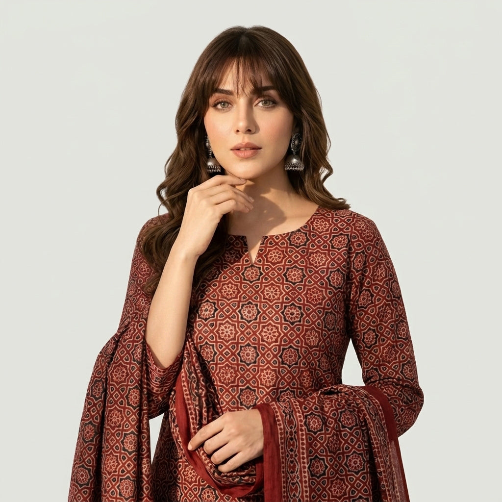 Ajrak Design Dress Moroccan two-piece set with traditional hand block printed motifs and elegant heritage patterns.