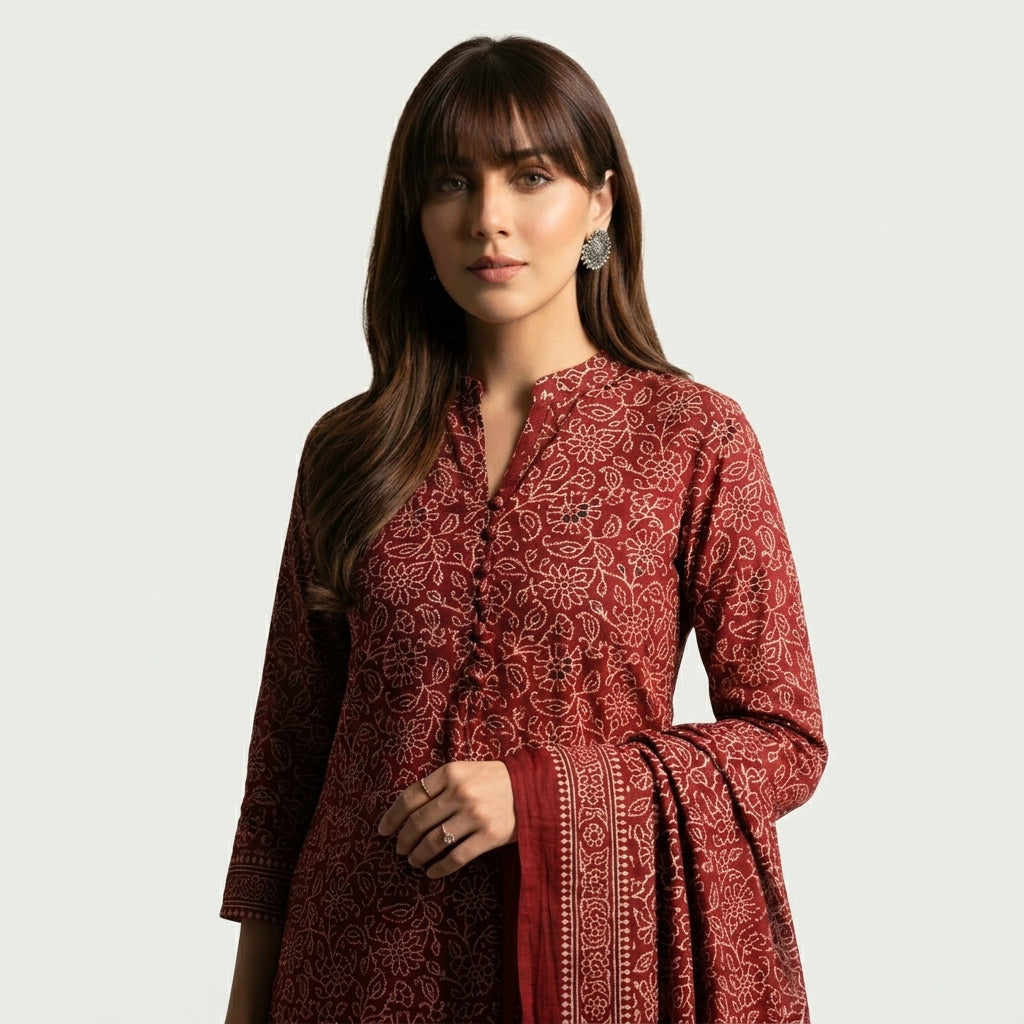 Red floral Ajrak Bel two-piece dress with traditional hand block printed patterns in elegant red motifs.