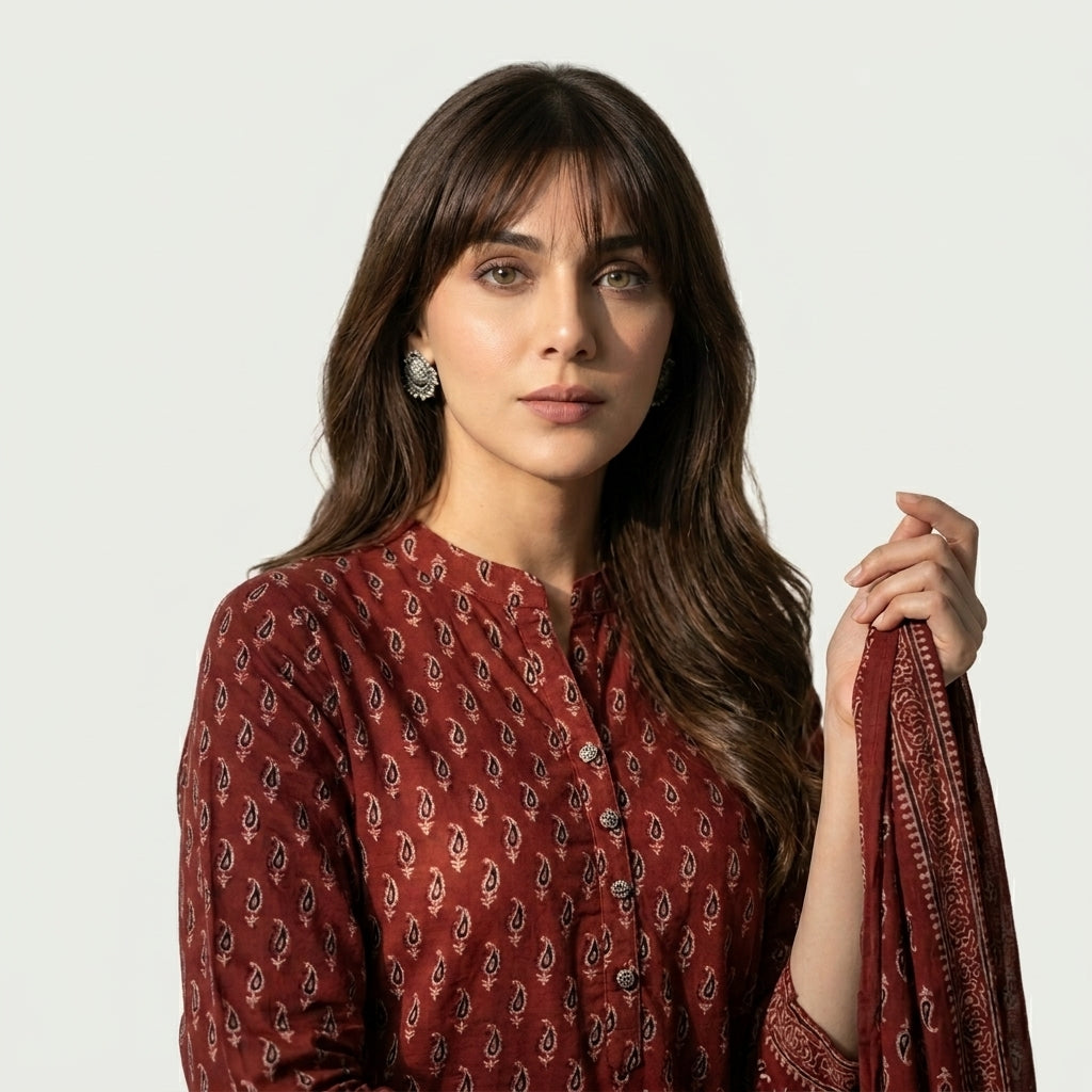 Ajrak Red Kerry unstitched two-piece shirt and dupatta with traditional hand block printed patterns.