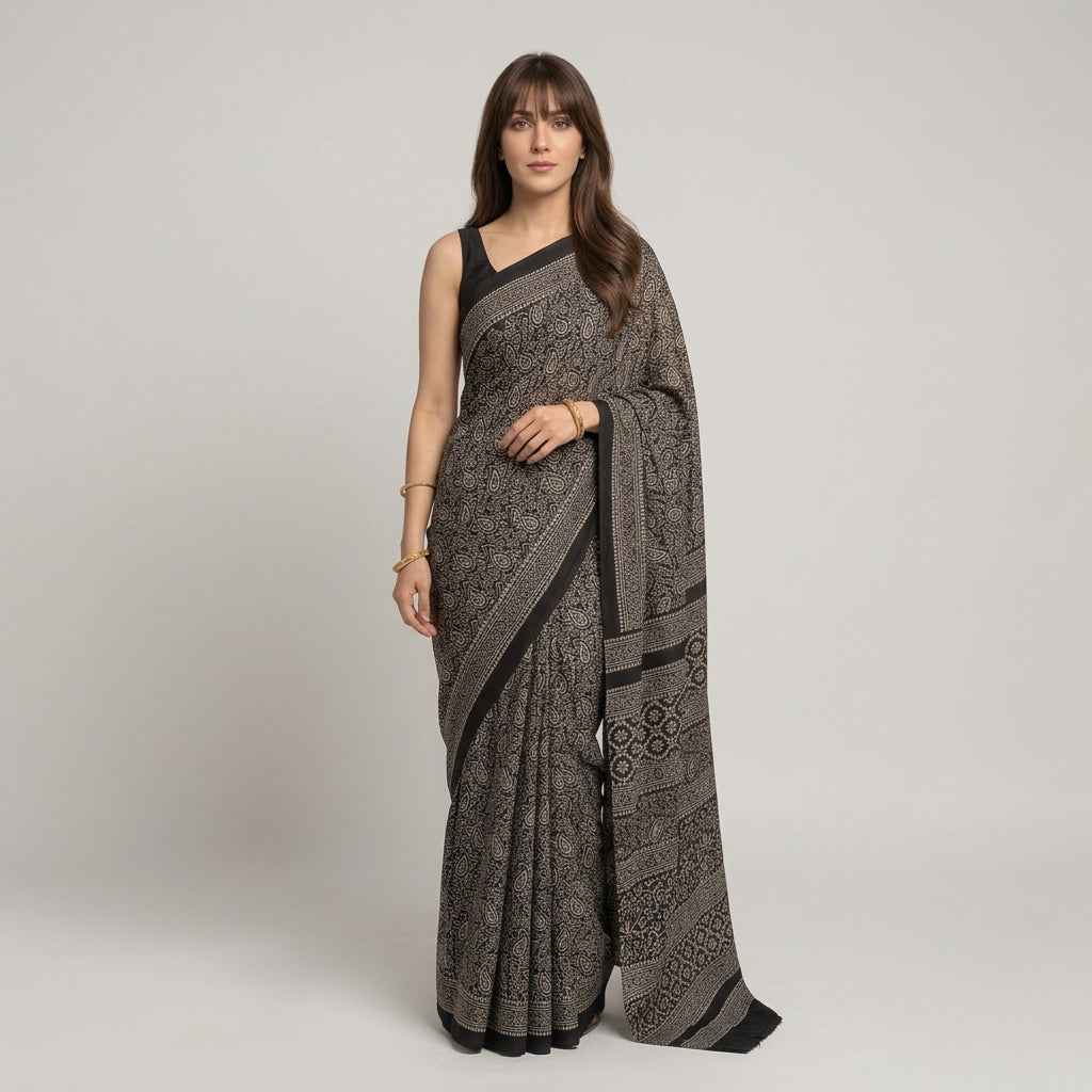 Ajrak Anbi floral black saree featuring traditional hand block printed motifs and an elegant heritage-inspired design.
