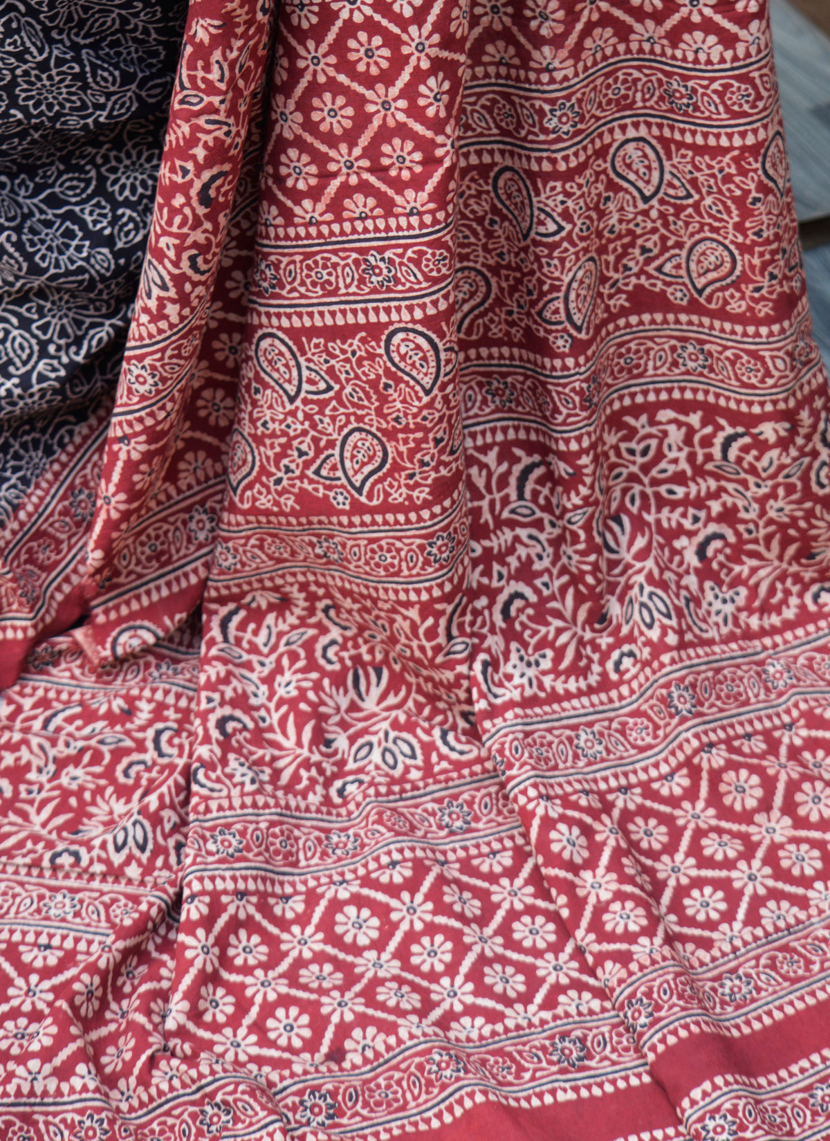 Ajrak Floral Bel saree handmade organic dyed hand block print ethnic wear