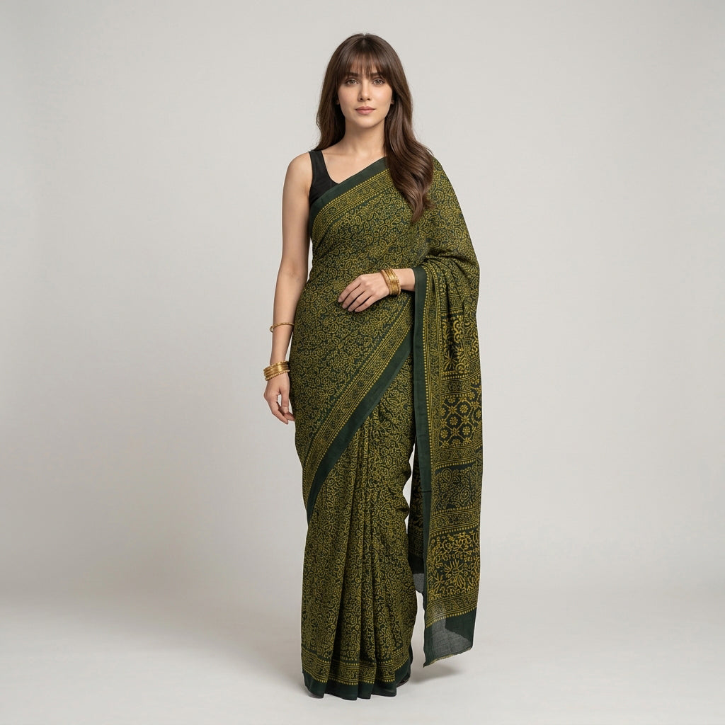 Emerald green Ajrak saree with traditional hand block printed patterns and elegant heritage motifs.
