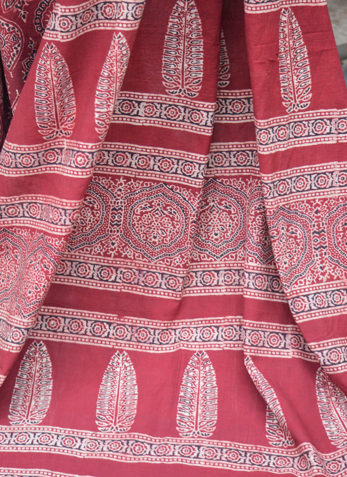 Organic dyed cotton Ajrak saree Badam Red luxury ethnic wear hand block printed