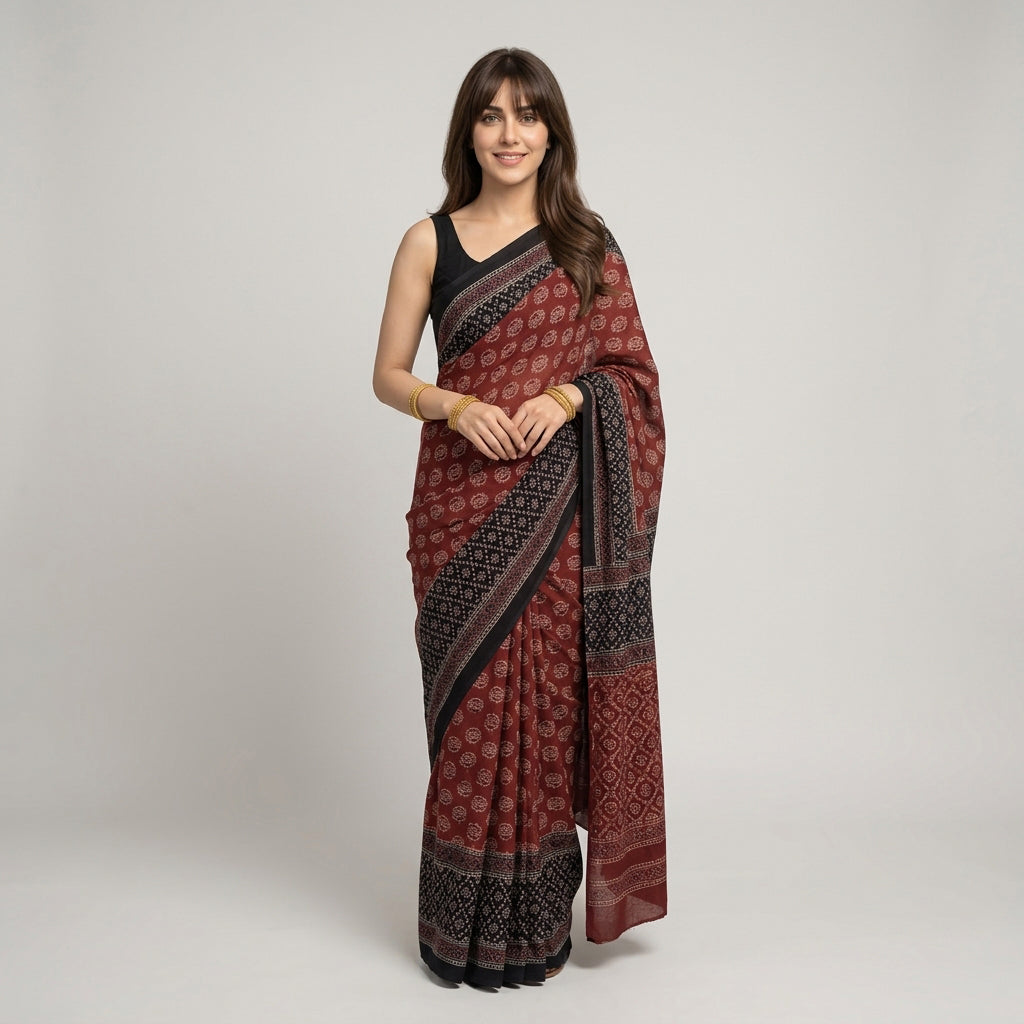 Red Ajrak saree with black border hand block printed cotton