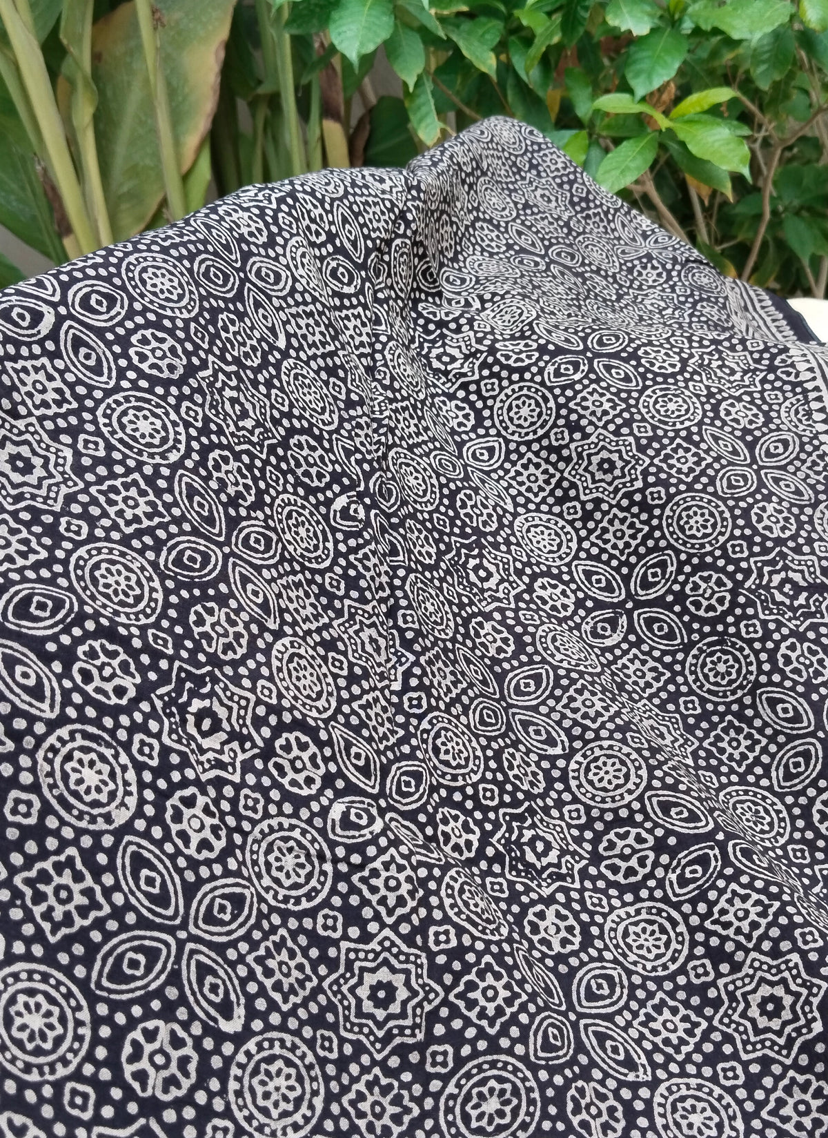 Handcrafted black Ajrak scarf with eco-friendly organic dyes and cultural motifs