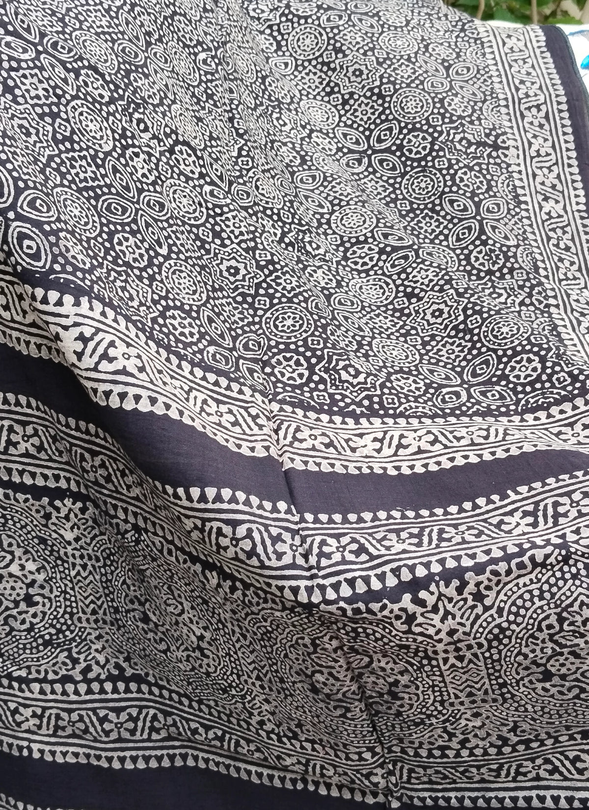 Sustainable Ajrak Design Dress accessory in rich black with traditional patterns