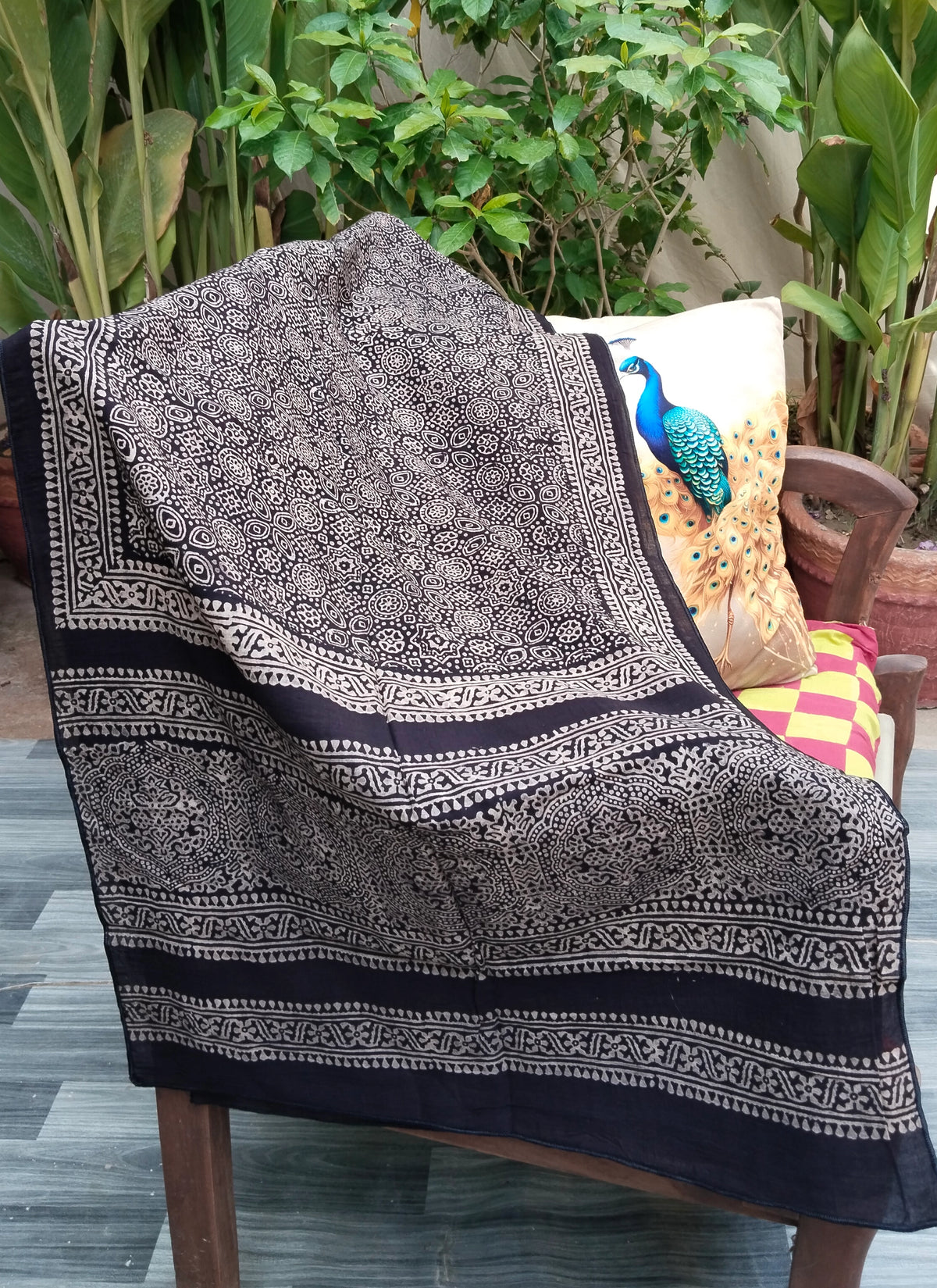 Black Ajrak scarf with organic dye hand block printed Sindhi design