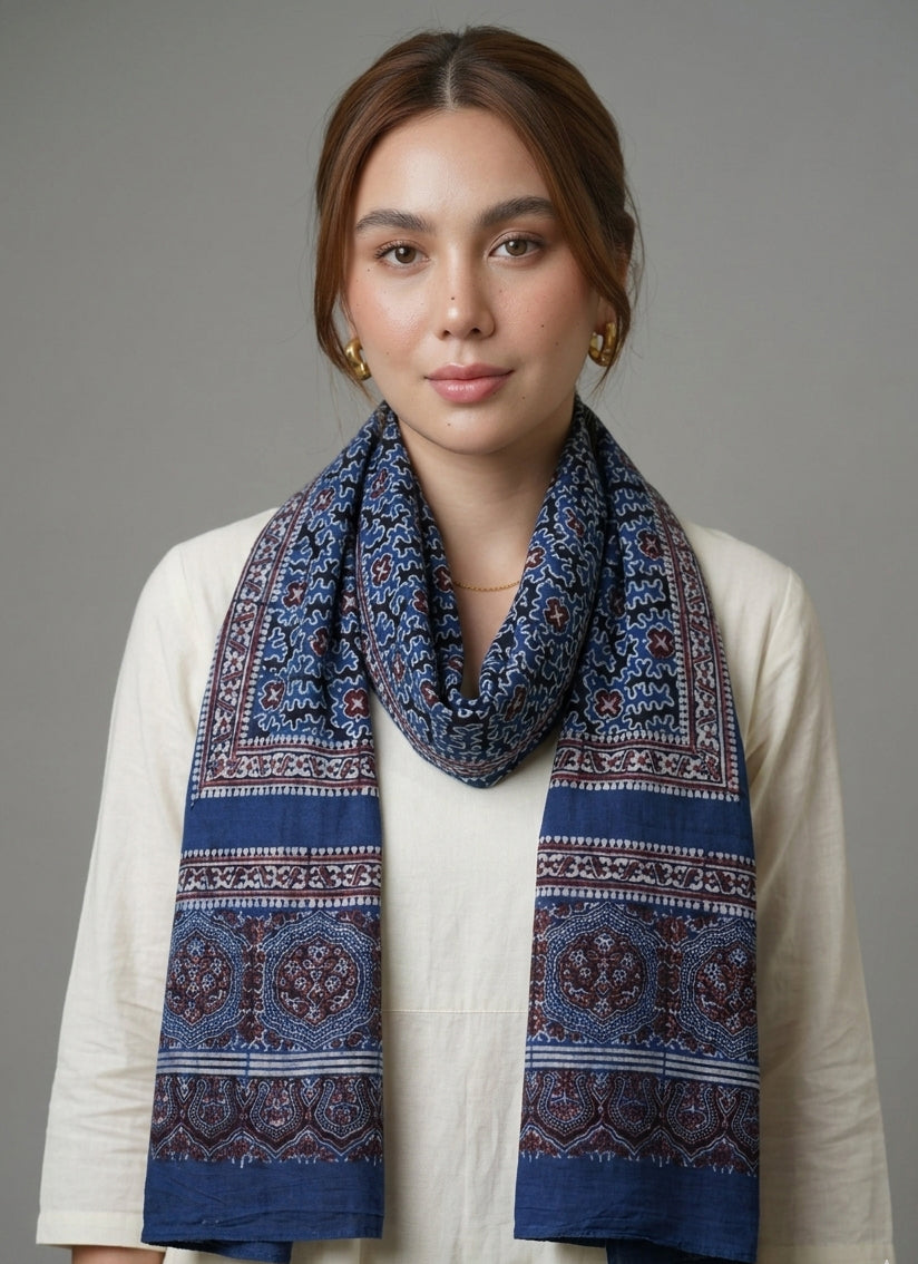 Kakkar Scarf Indigo – Organic Dye Hand Block Printed Lawn | Ajrak Design Dress