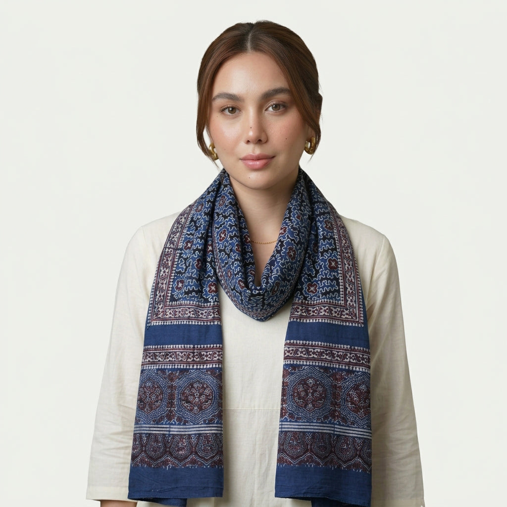 Multicolor Ajrak scarf with bold geometric patterns and timeless style