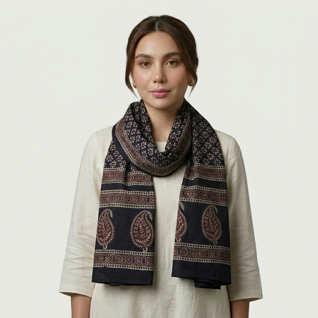 Organic dyed Ajrak scarf featuring intricate geometric block prints