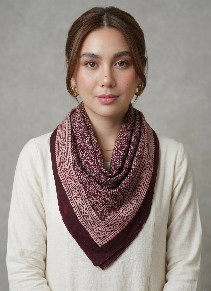 Hand block printed maroon Ajrak lawn scarf ethnic fashion Pakistan