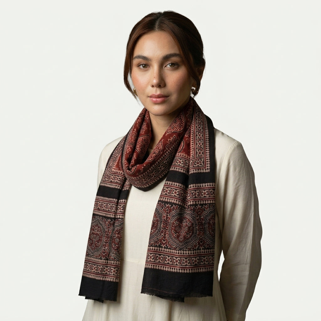 Traditional Ajrak scarf with authentic hand block printed patterns