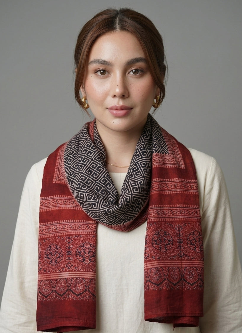 Ajrak Scarf Two Tone – Organic Dye Hand Block Printed Lawn | Ajrak Design Dress