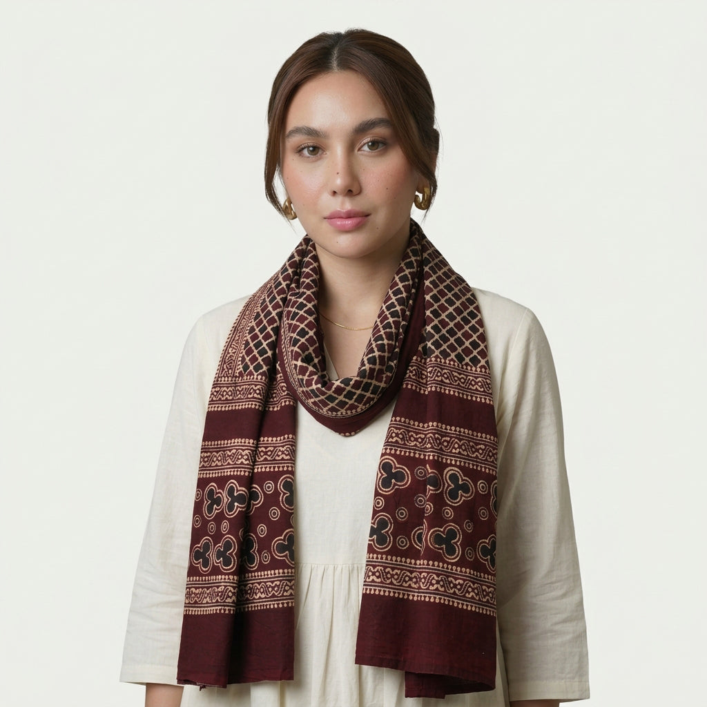 Red Ajrak stole featuring intricate traditional block print motifs