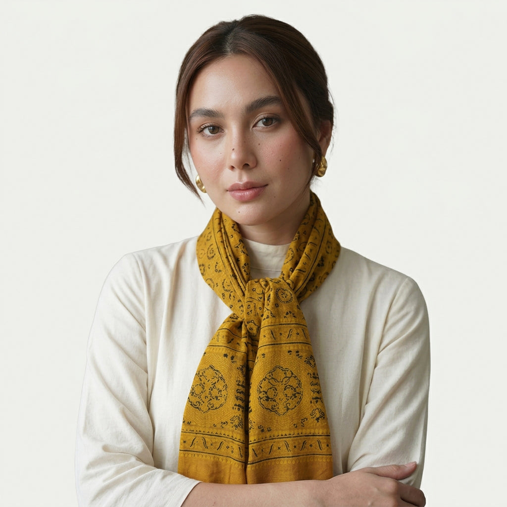 Red and black Ajrak scarf with distinctive traditional motifs