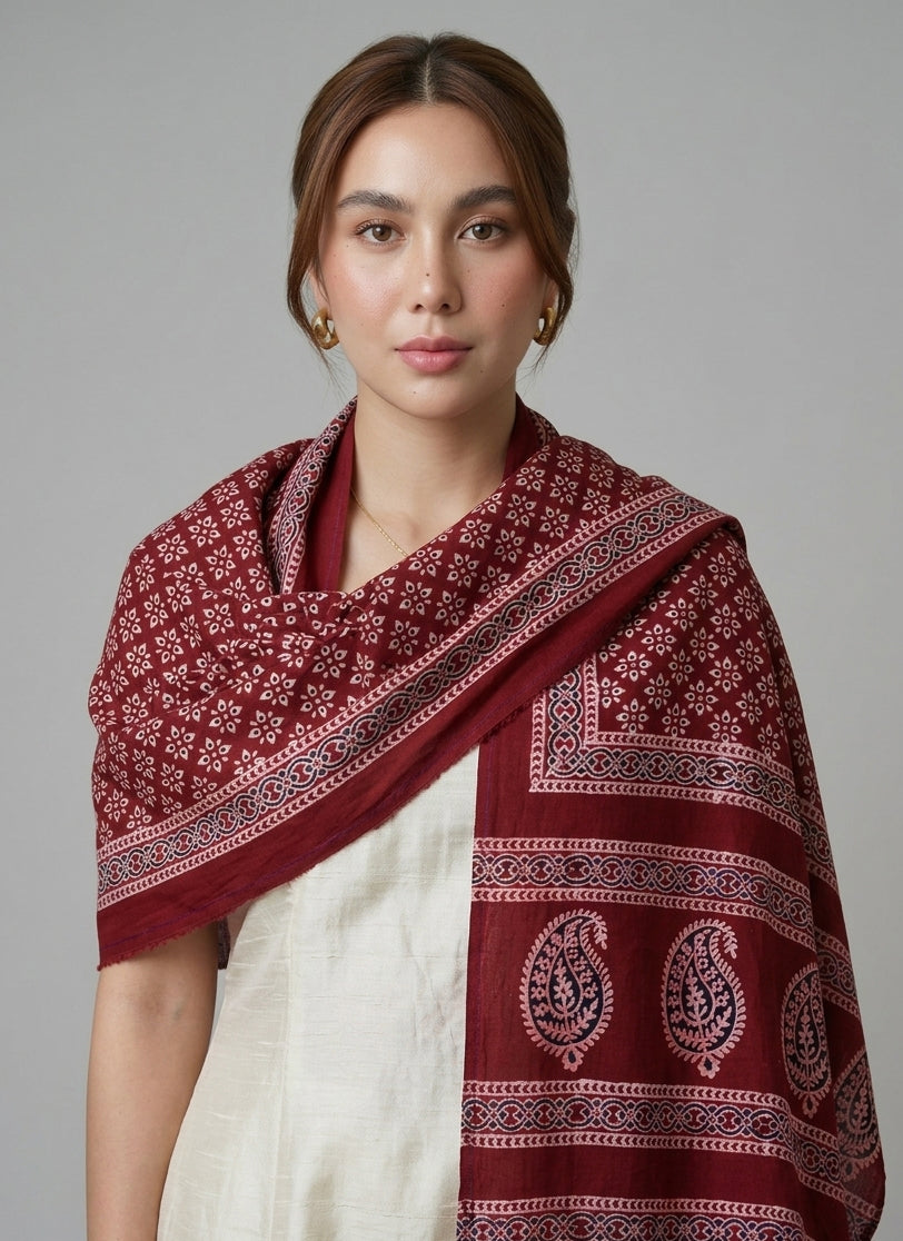 Organic dye red Ajrak lawn scarf ethnic fashion Pakistan
