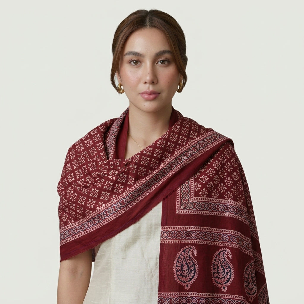 Black Ajrak stole with classic geometric motifs and cultural elegance