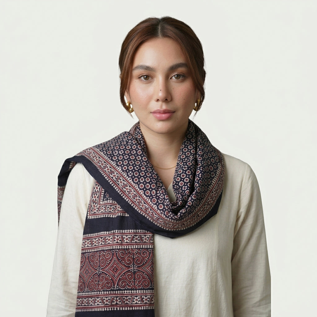 Traditional Ajrak neck scarf with detailed geometric patterns