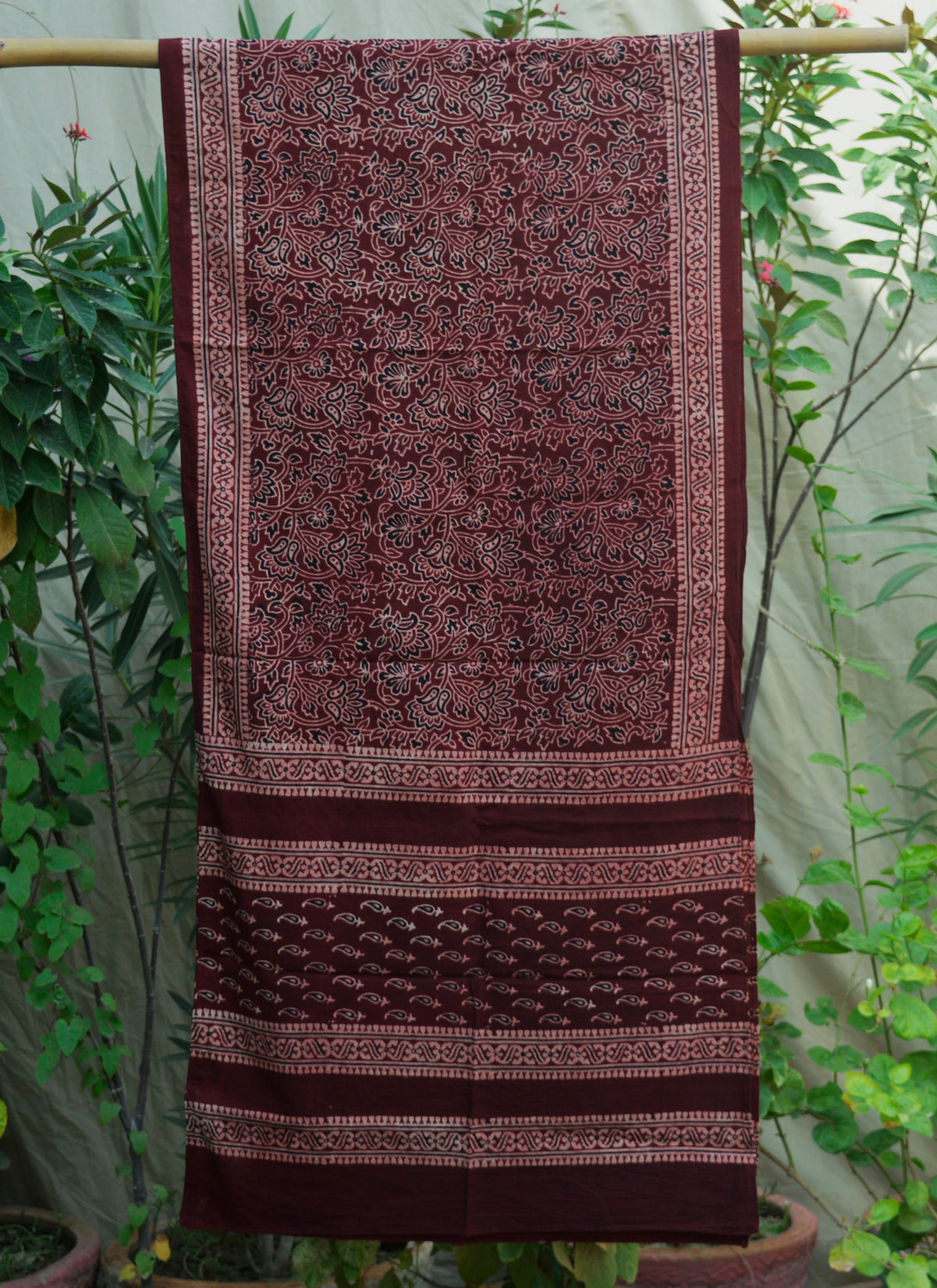 Ajrak Scarf, Red and Maroon Floral Bel, Organic Dye Lawn