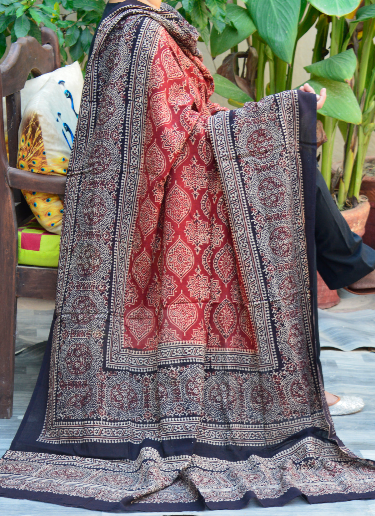 Traditional Ajrak Chadar Badam Design without Sitara – Hand Block Printed Sindhi Shawl
