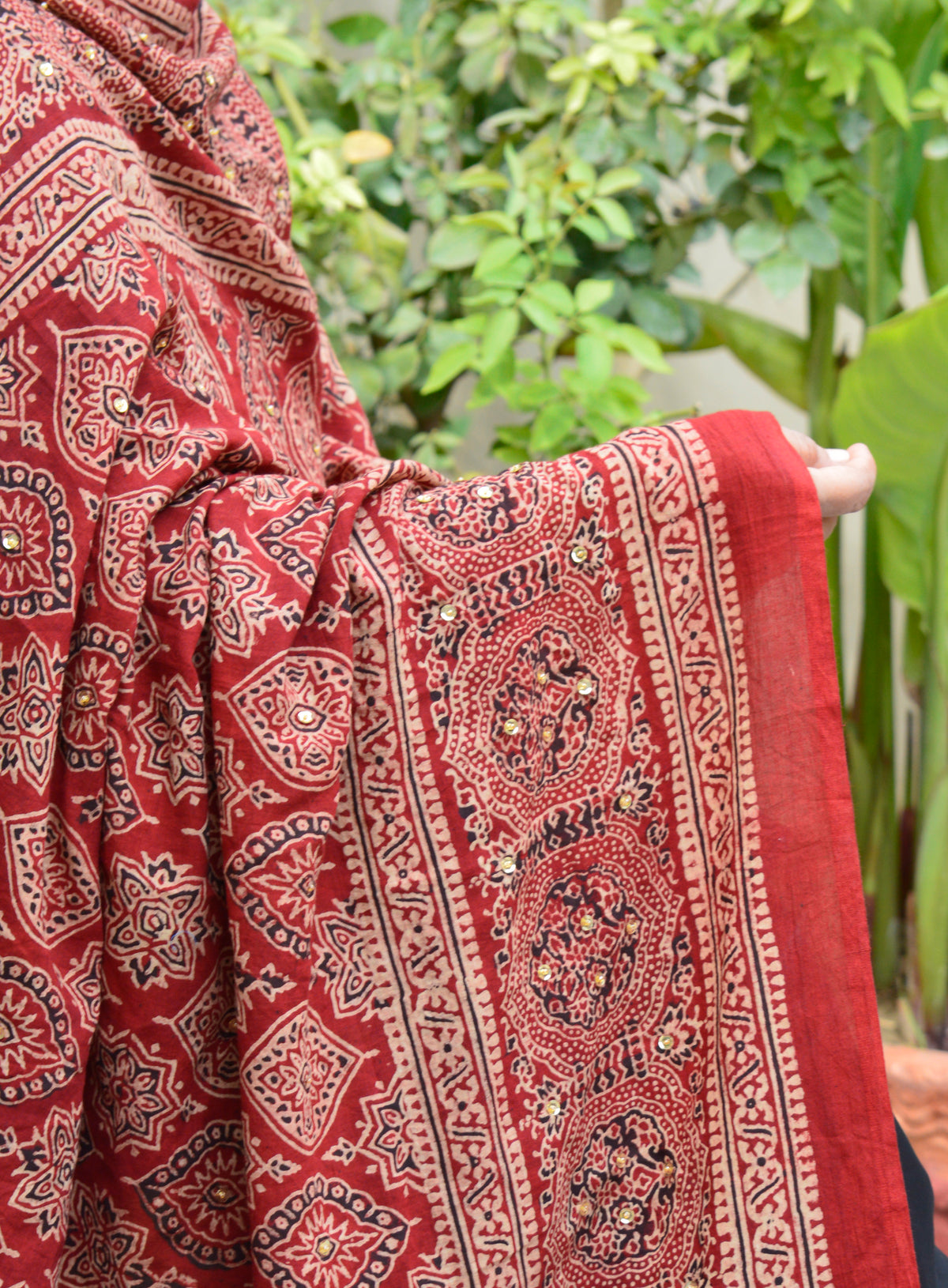 Handcrafted Ajrak Chaadar in Red Badam Design – Organic Dye and Hand Block Printing on Premium Lawn Cotton for a Heritage-Inspired Look