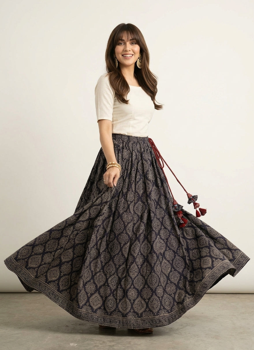 Ajrak Design Dress black Badam maxi skirt lawn with adjustable tassel dori
