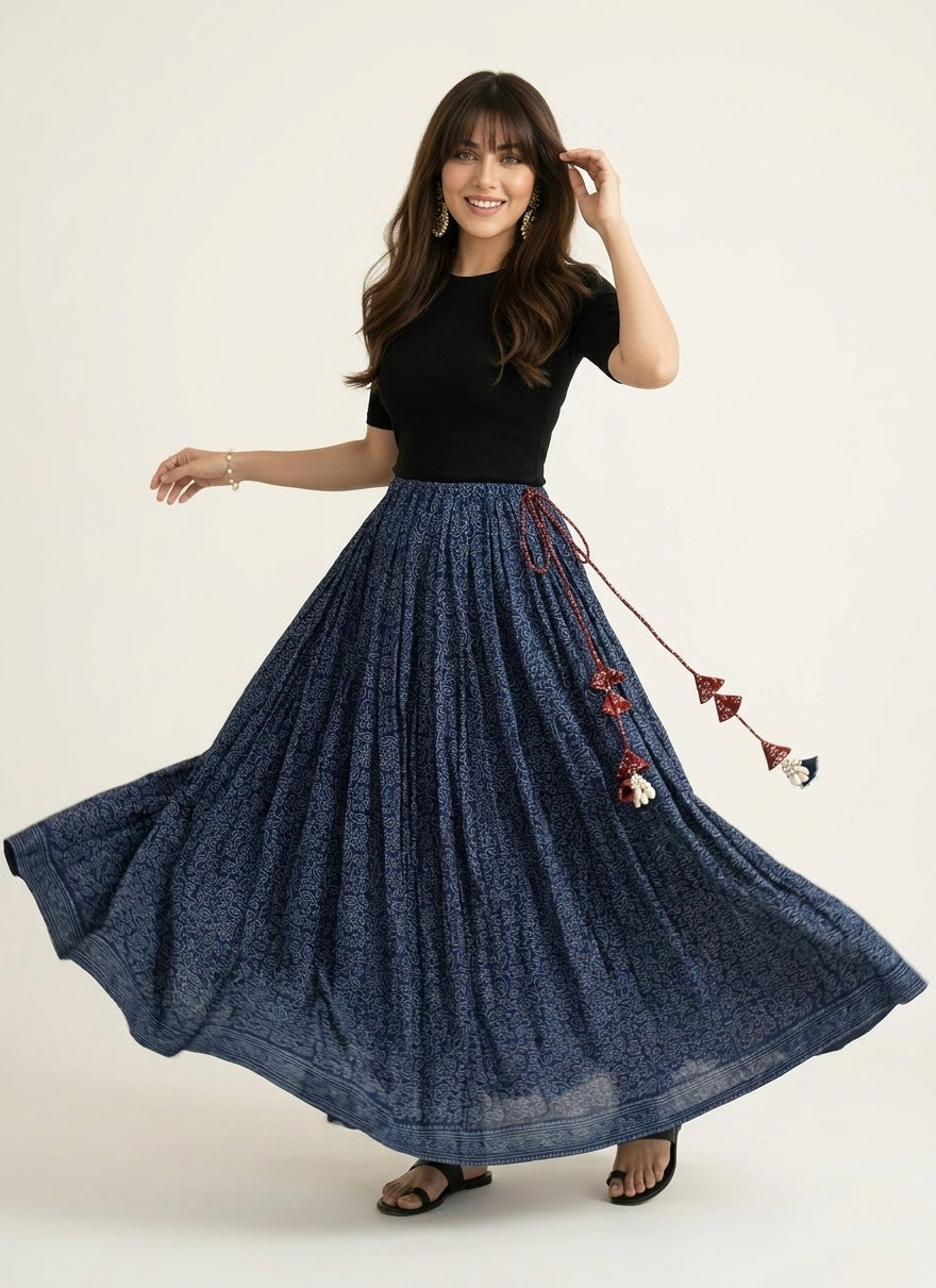Ajrak Blue Floral Bel Print Lawn Maxi Skirt – Hand Block Printed Boho Skirt | Ajrak Design Dress